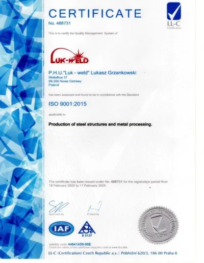 Cerrtyfikat ISO 9001:2015 firmy Luk-Weld