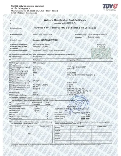 Certyfikat TUV ISO 9606-1 111