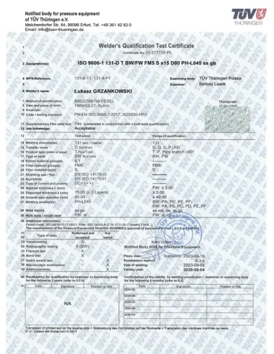 Certyfikat TUV ISO 9606-1 131