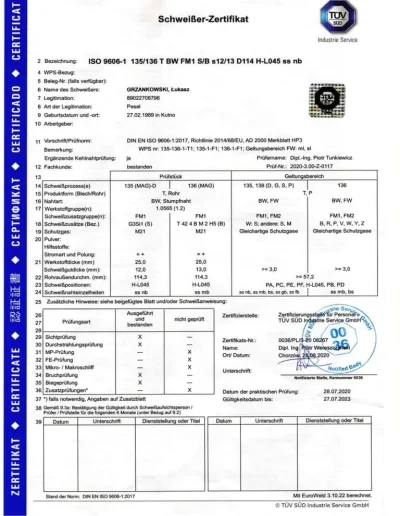 Certyfikat TUV ISO 9606-1 135