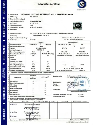 Certyfikat TUV ISO 9606-1 136
