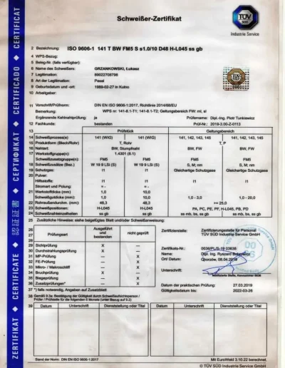 Certyfikat TUV ISO 9606-1 141