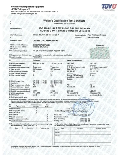 Certyfikat TUV ISO 9606-2 141