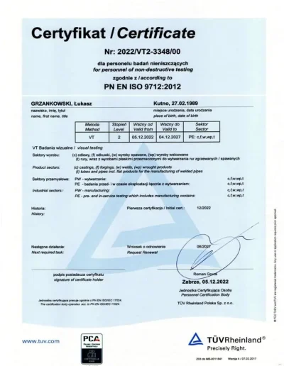 Certyfikat TUV ISO 9712:2012