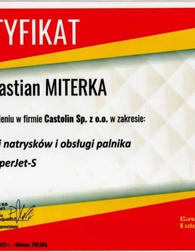 Certyfikat ze szkolenia technologii natrysków