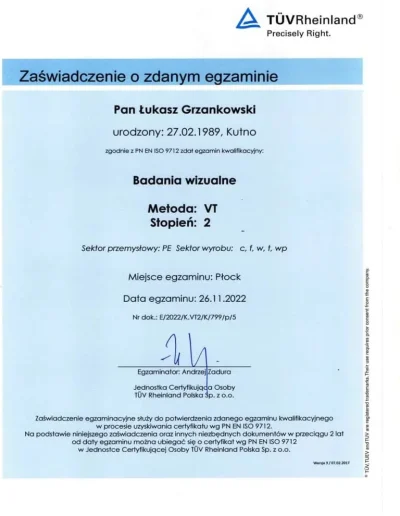 Egzamin TUV Badania wizualne metoda VT