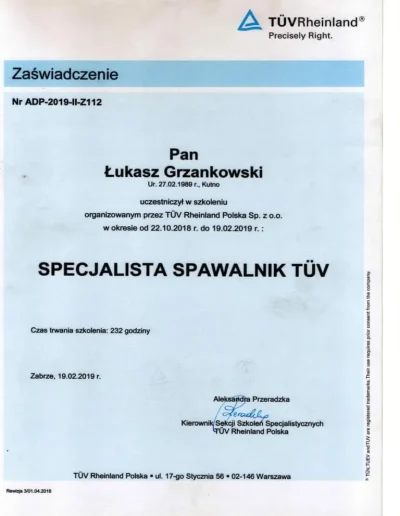 Szkolenie TUV Specjalista spawalnik