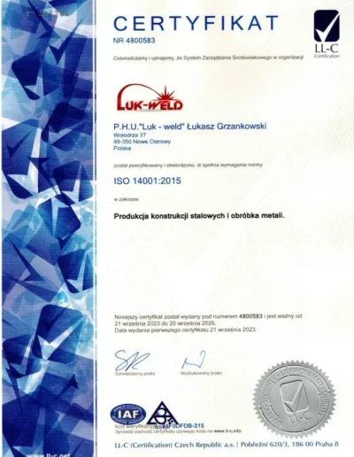 Cerrtyfikat ISO 14001:2015 firmy Luk-Weld