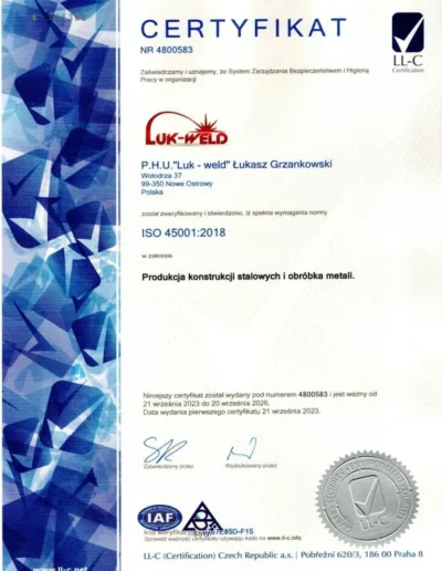 Cerrtyfikat ISO 45001:2018 firmy Luk-Weld